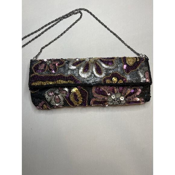 Jessica McClintock Vintage Sequin Clutch Black Satin Sequin Flowers Evening Bag - Picture 1 of 8